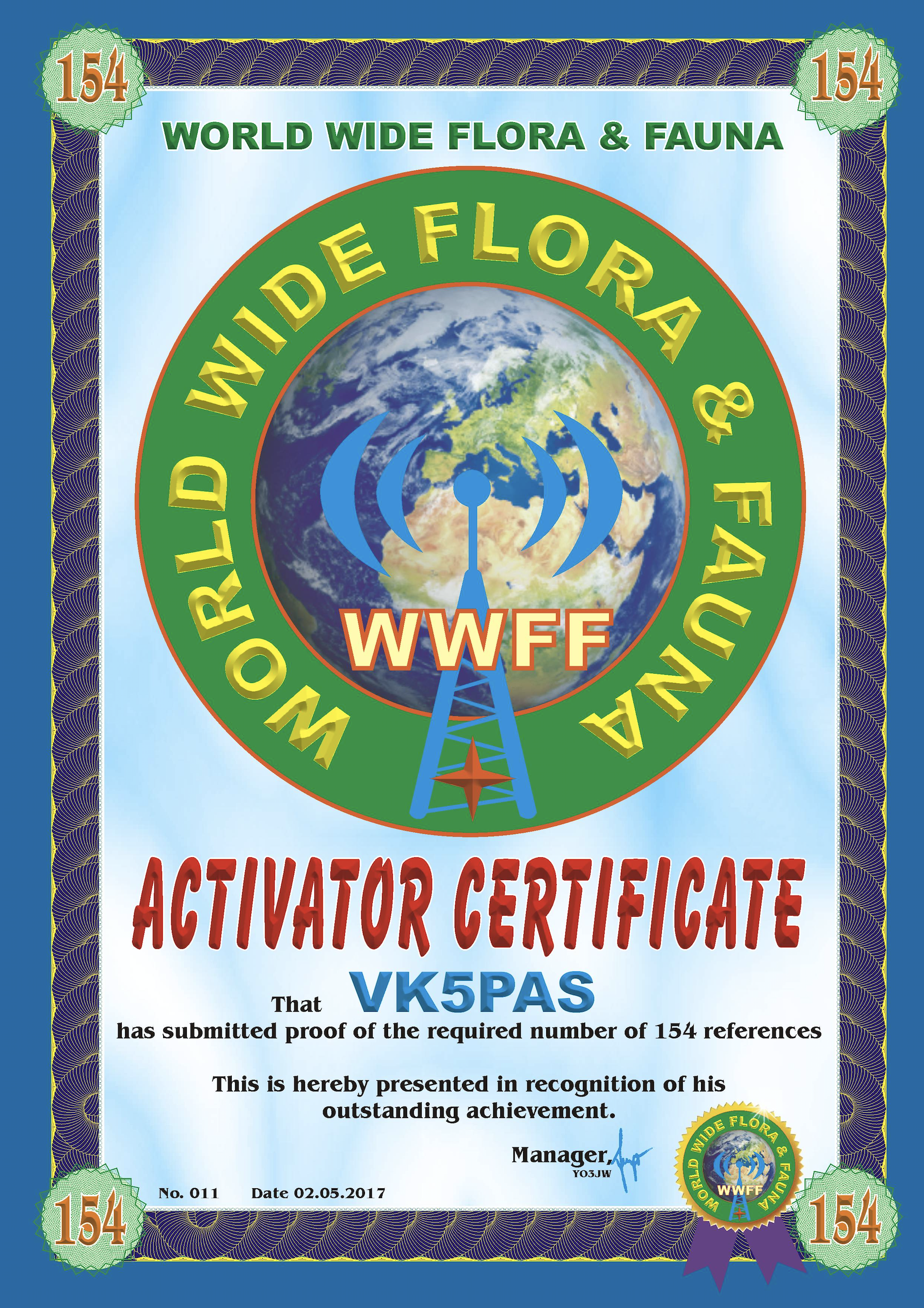 Worldquant Ffe Certificate WWFF Activator 154 certificate | VK5PAS