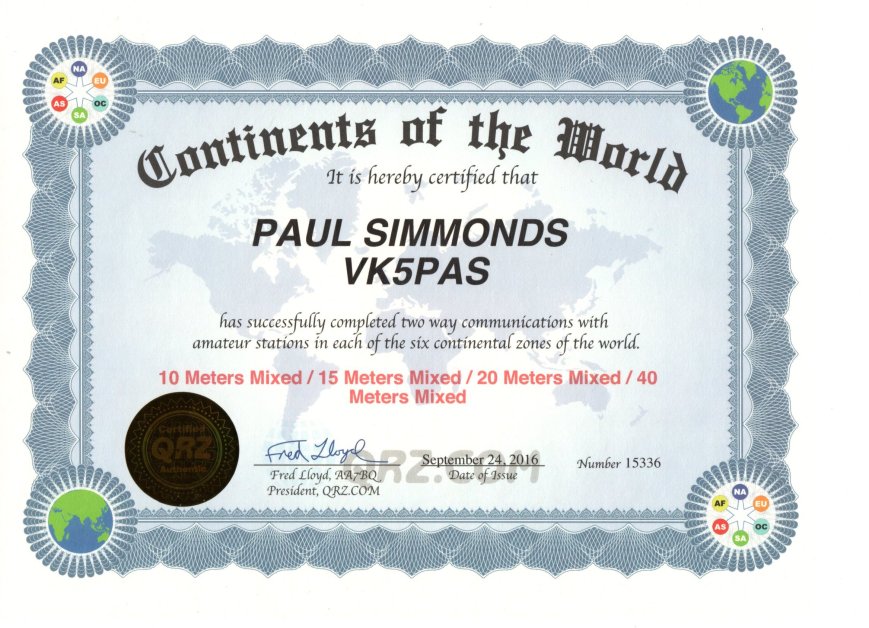 VK5PAS QRZ.com Continents Award