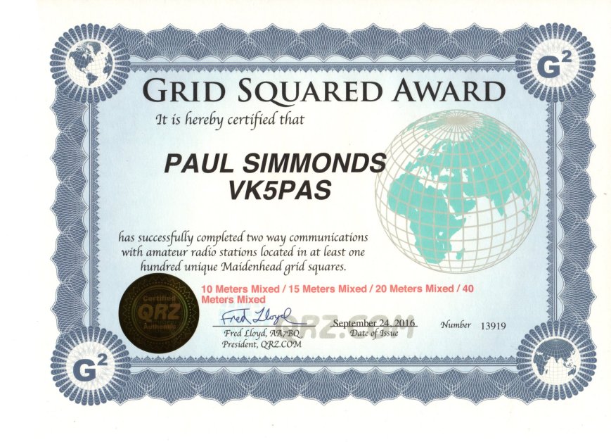VK5PAS QRZ.com Grid Square Award