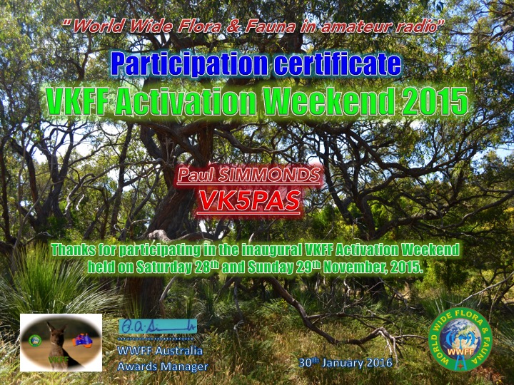 VK5PAS VKFF Activation Weekend 2015
